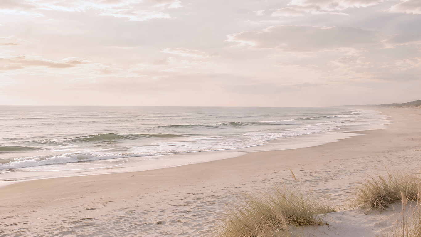 Soft coastal shoreline with dune grass, sandy beach, and gentle ocean waves used as the Thoughtful Touches banner image.