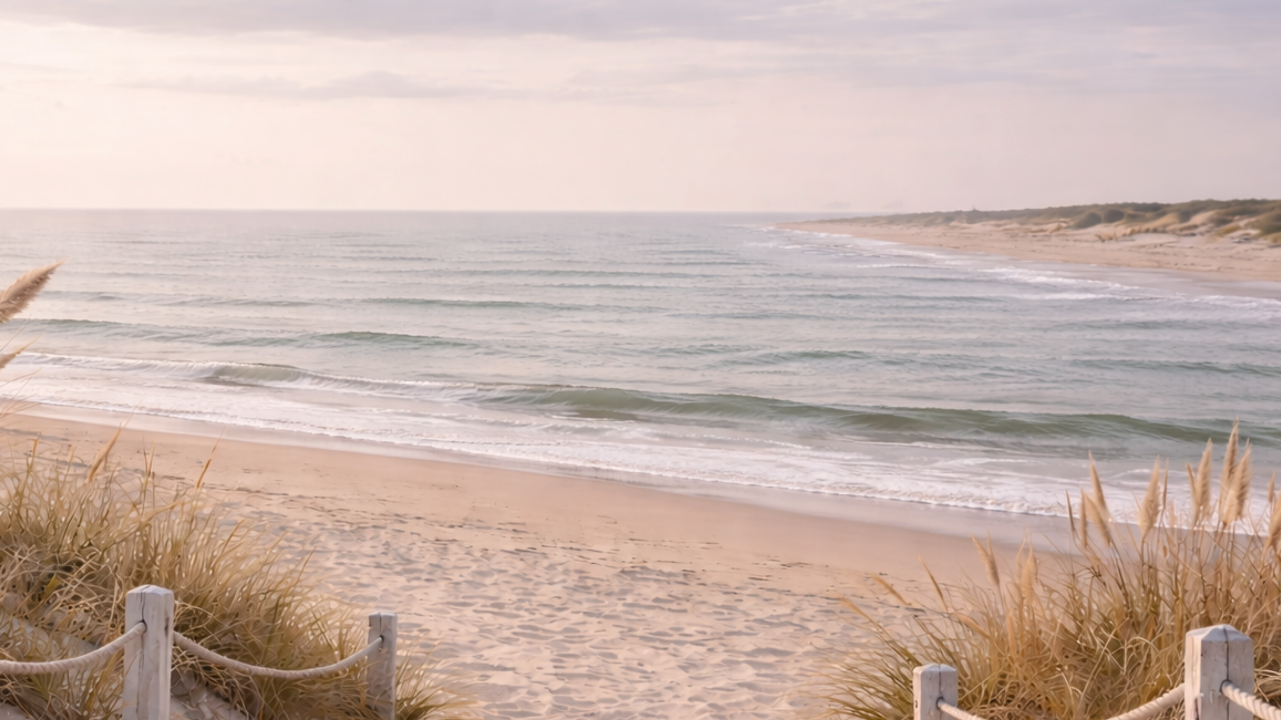Soft coastal shoreline with dune grass, sandy beach, and gentle ocean waves used as the Thoughtful Touches banner image.