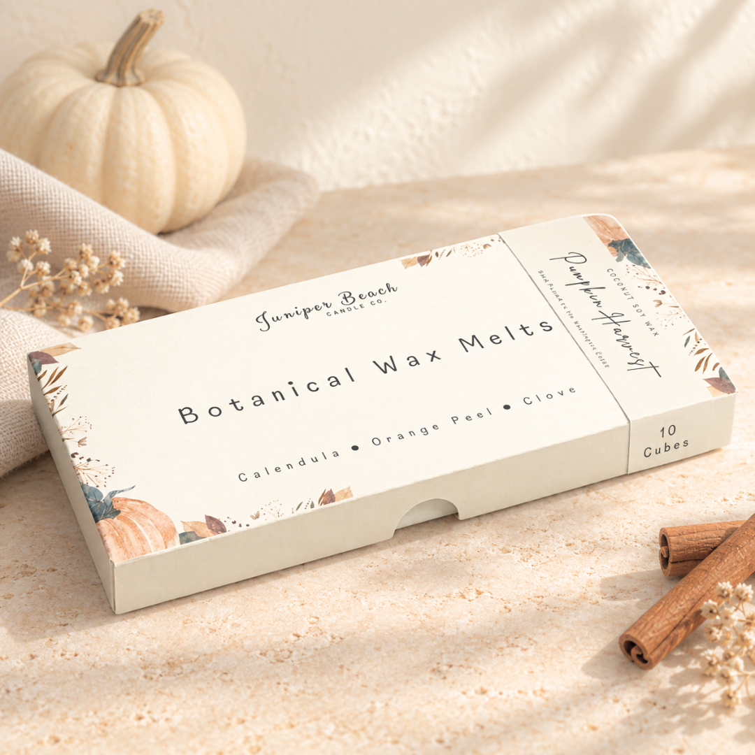 Pumpkin Harvest botanical wax melts box styled with warm autumn details on a neutral surface