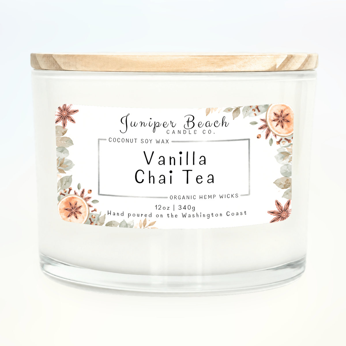 Vanilla Chai Tea 12 oz candle in a white glass jar with a natural pine lid