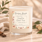 Vanilla Chai Tea 11 oz coconut soy candle with warm vanilla, chai spice, cinnamon, star anise and ginger on a soft neutral backdrop