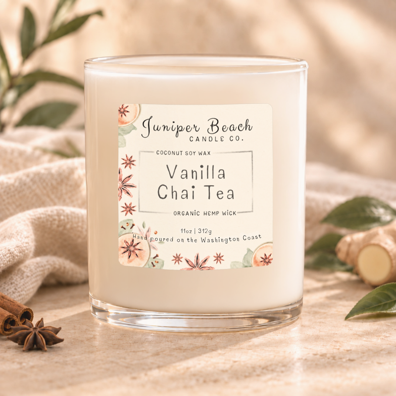 Vanilla Chai Tea 11 oz coconut soy candle with warm vanilla, chai spice, cinnamon, star anise and ginger on a soft neutral backdrop