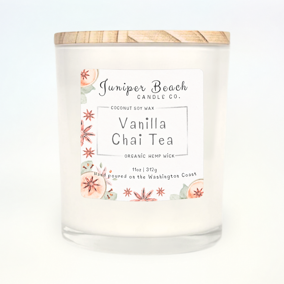 Vanilla Chai Tea 11 oz candle in a white glass jar with a natural pine lid