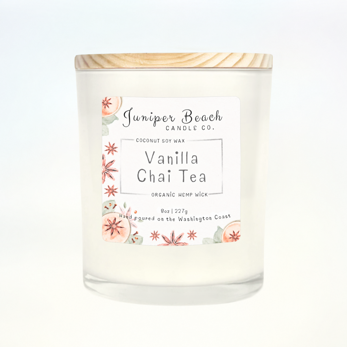 Vanilla Chai Tea 8 oz candle in a white glass jar with a natural pine lid