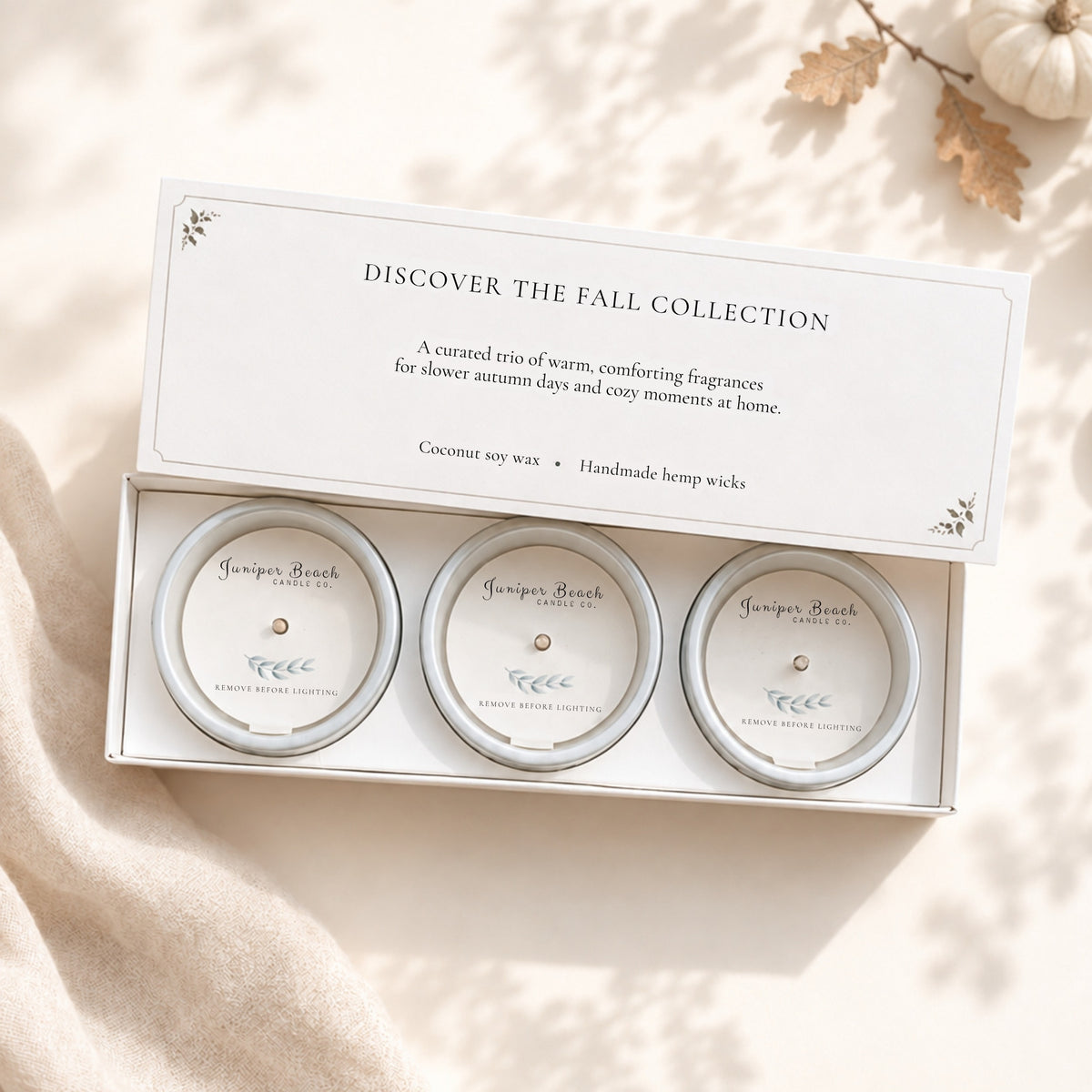 Fall Edition Discovery Set open with three fall mini candles arranged inside the gift box