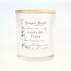Lavender Tides 8 oz candle in a white glass jar with a natural pine lid